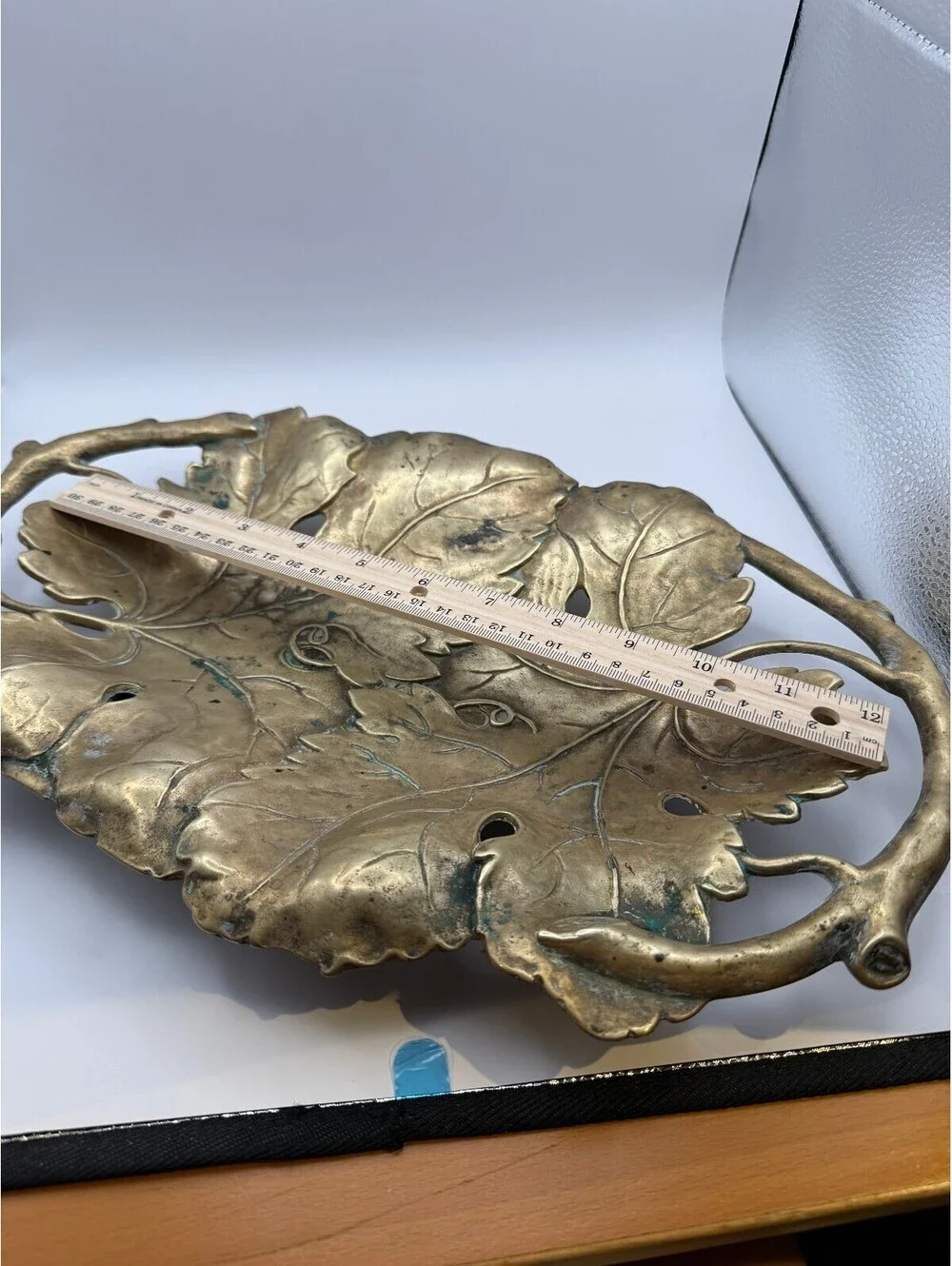 Vintage Brass Grape Leaf Serving Tray Bowl w Branch Handles 12